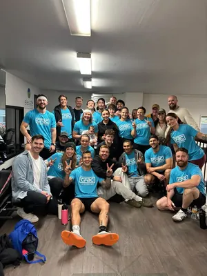 CrossFit BC team in matching teal CFBC Vancouver shirts after a community workout