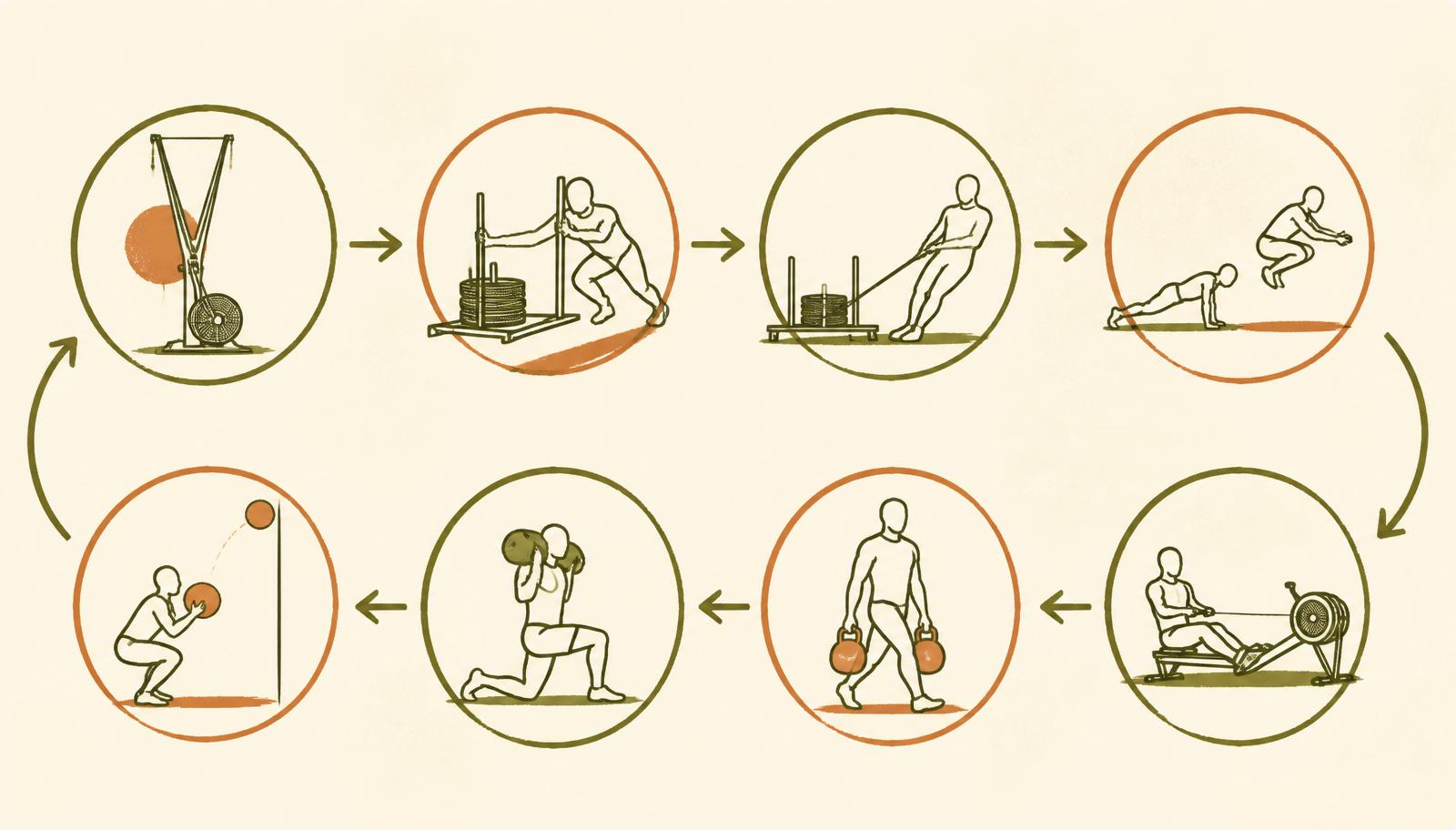 Illustration of the 8 HYROX stations in a loop: SkiErg, sled push, sled pull, burpee broad jumps, rower, farmers carry, sandbag lunges, wall balls