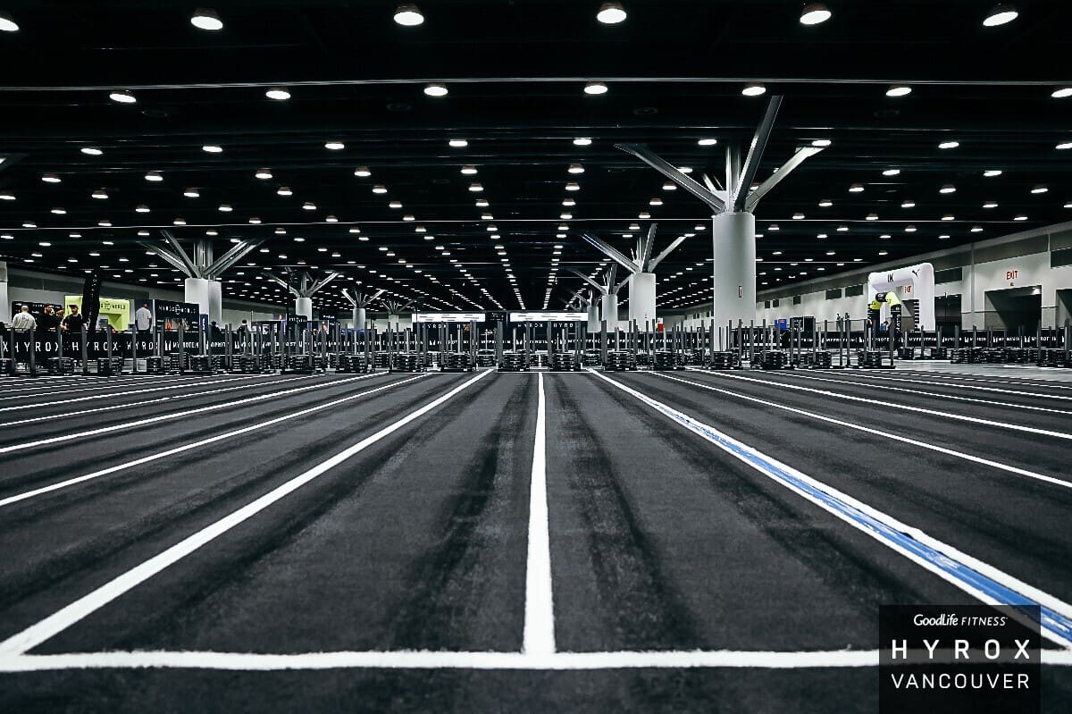 Wide shot of the HYROX race track and running lanes