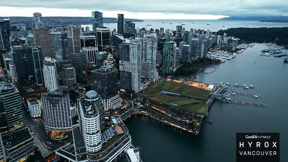 Aerial view over Vancouver toward the Vancouver Convention Centre, home of HYROX Vancouver 2026
