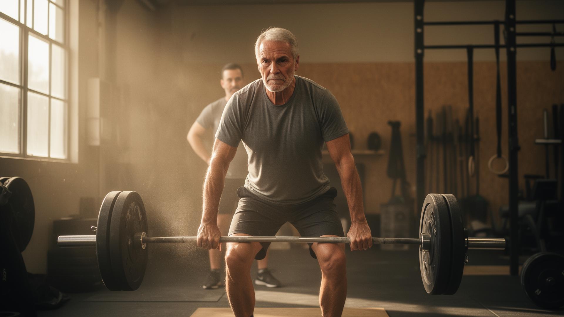 Aging adult athlete focused on a deadlift