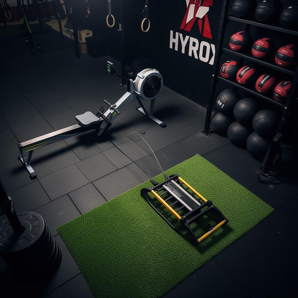 Athlete rowing hard between runs during a HYROX simulation at CrossFit BC