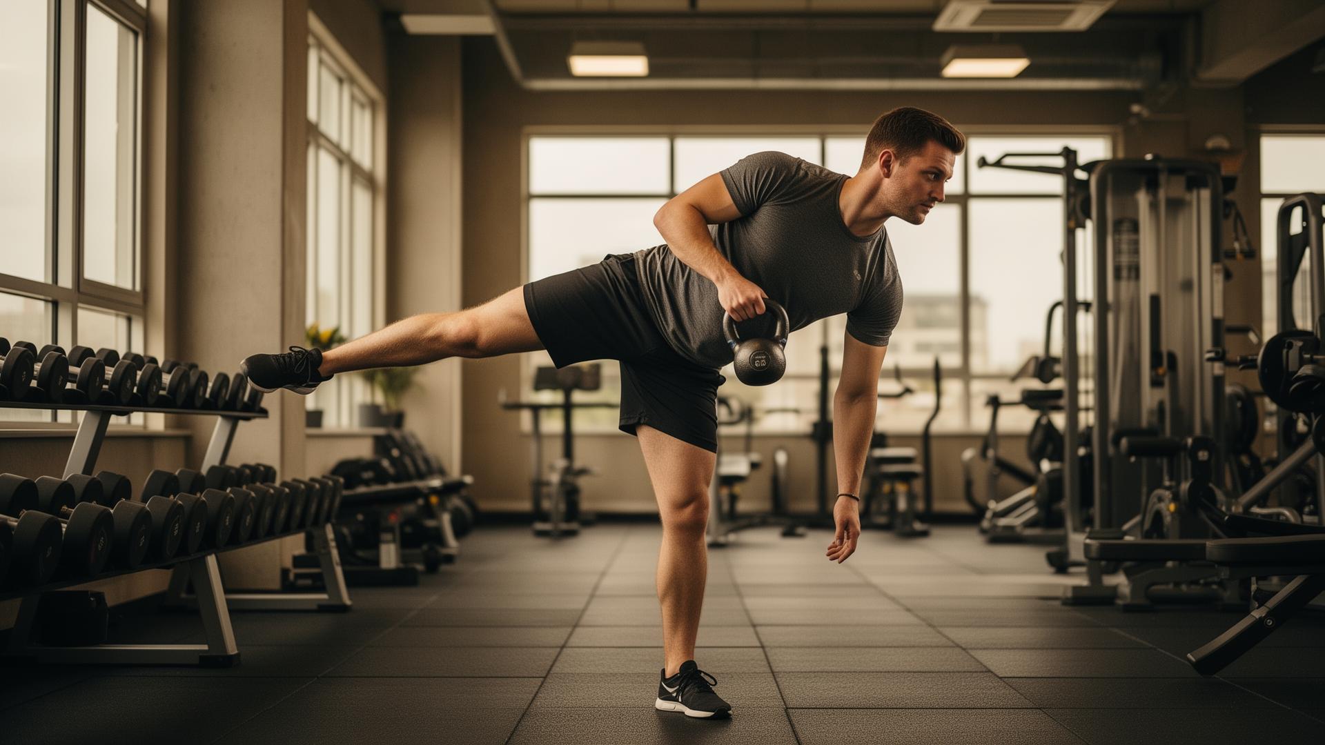 Athlete mid-rep on a single-leg Romanian deadlift with a kettlebell, balanced and focused.