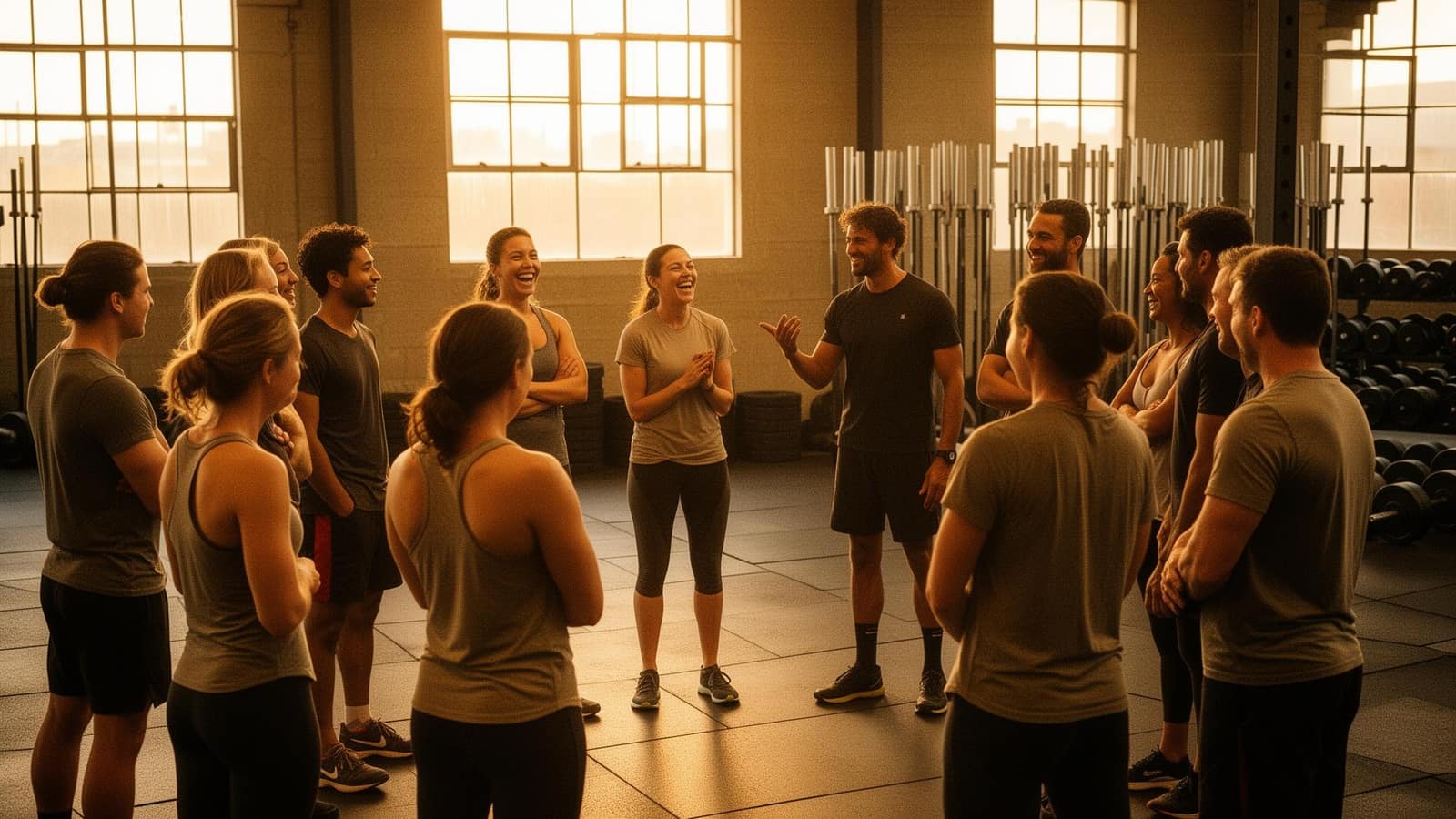 CrossFit BC members standing in a circle before class, laughing together as a coach asks the question of the day
