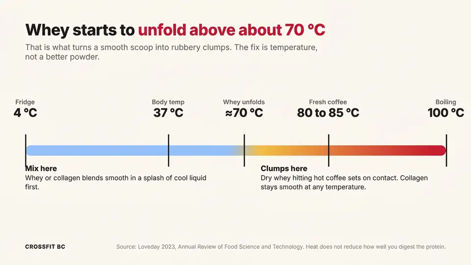 Temperature scale showing whey protein unfolding above about 70 °C, below fresh coffee at 80 to 85 °C